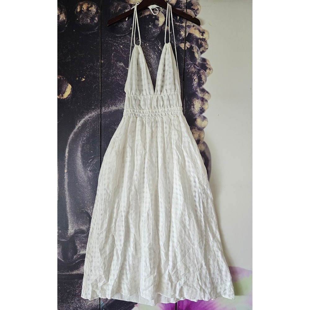 Cult Gaia White 100% Linen Halter Midi Dress Textured Check Open Back Small